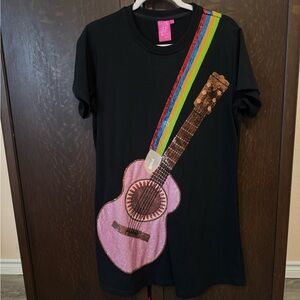 QUEEN OF SPARKLES Black Dress with Pink Guitar and Rainbow Strap